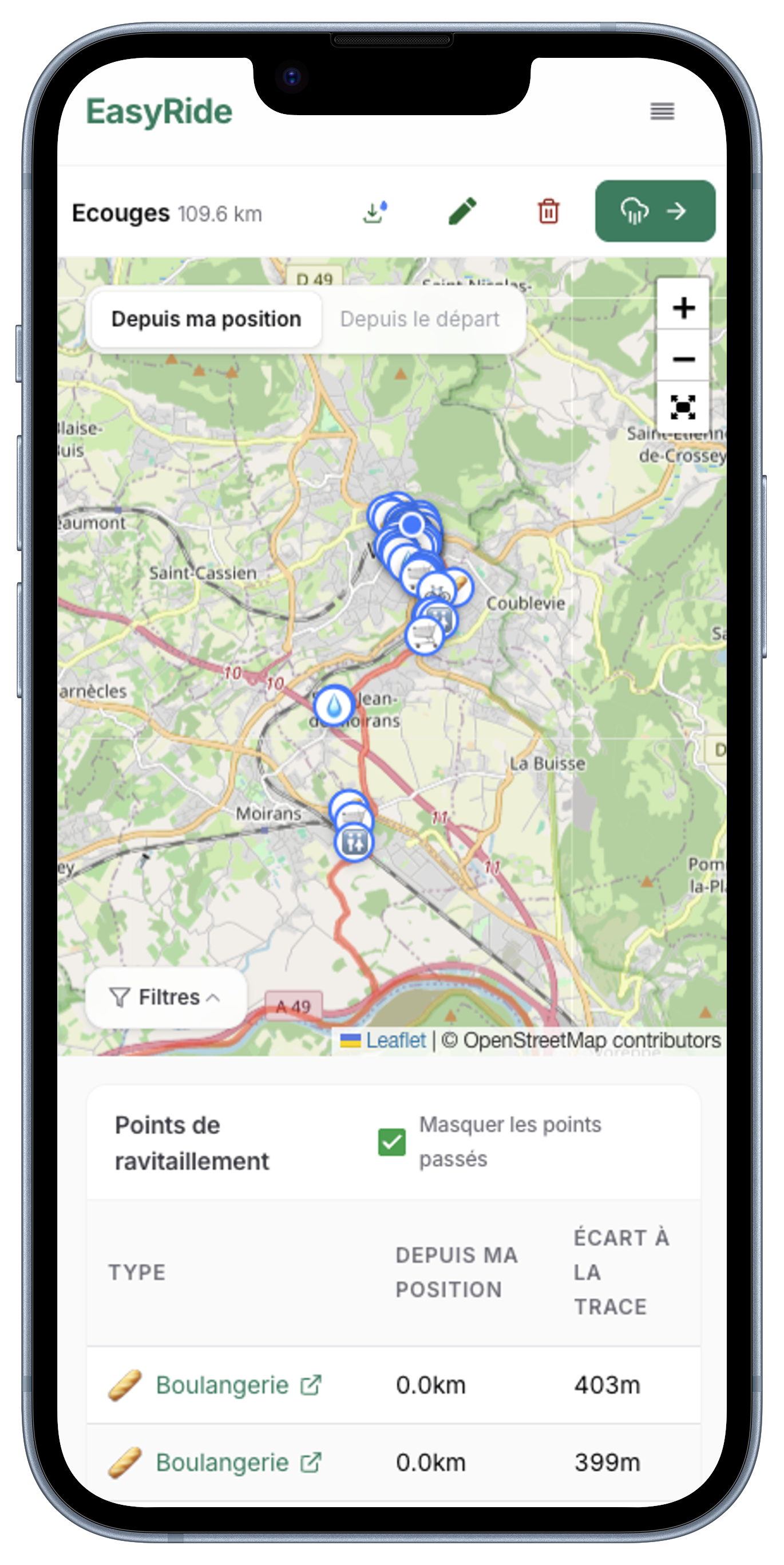 EasyRide Around Me preview showing nearby water fountains and bakeries on a map
