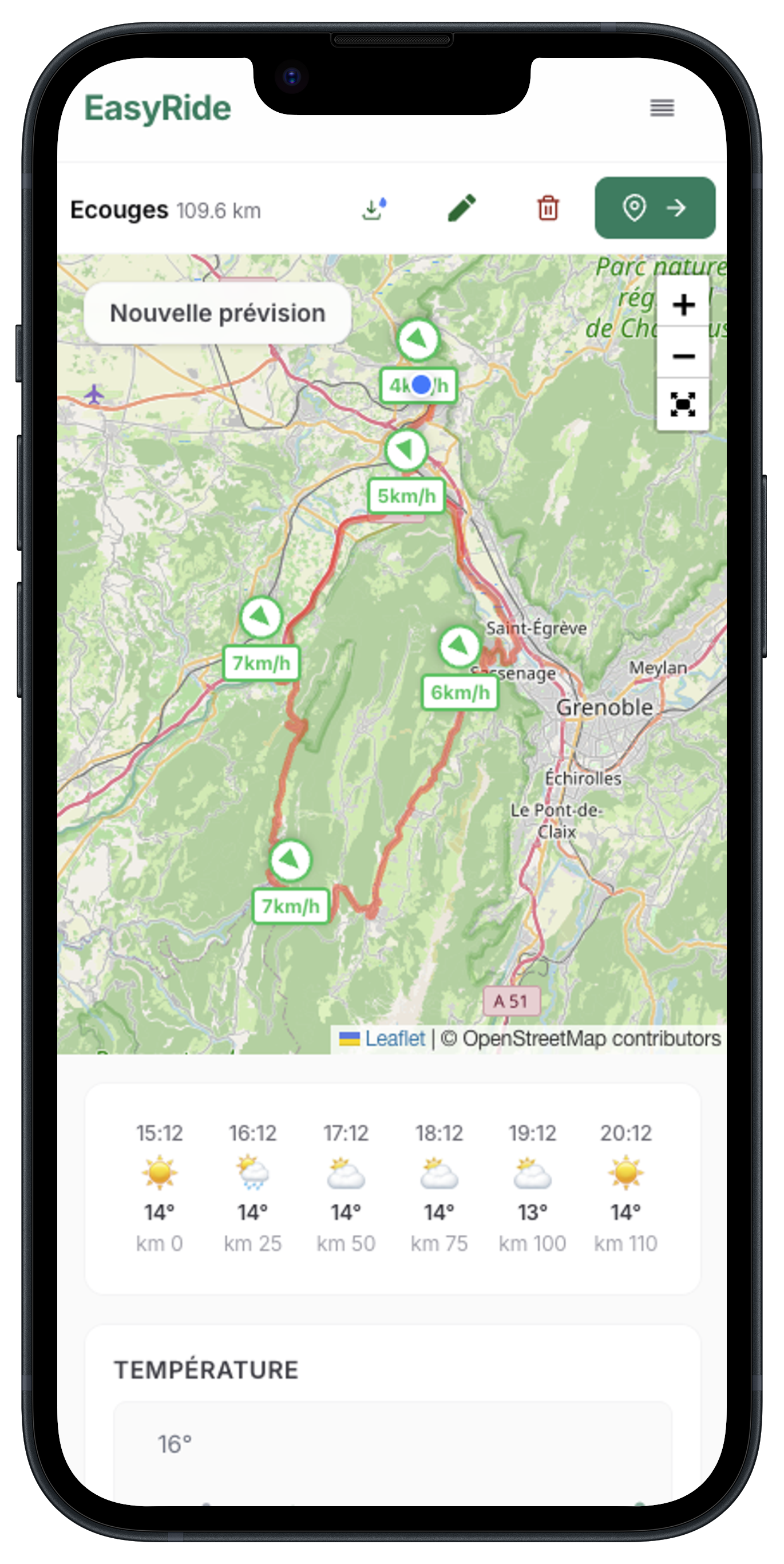 EasyRide app preview showing weather forecast along a cycling route